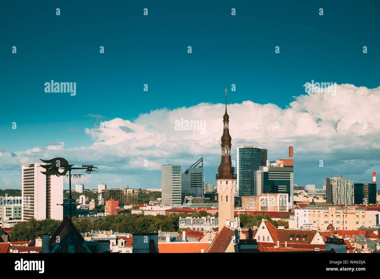 Tallinn, Estonia. Torre del Municipio sullo sfondo con moderni grattacieli urbani. Centro citta' architettura. UNESCO - Sito Patrimonio dell'umanità. Foto Stock