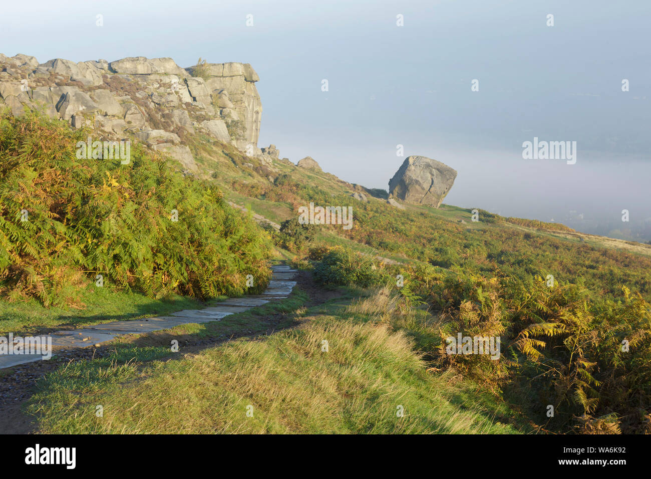 Vista di latte di mucca e di rocce di vitello, Ilkley Moor Rombalds Moor (SSSI sito), West Yorkshire, Inghilterra, Ottobre Foto Stock