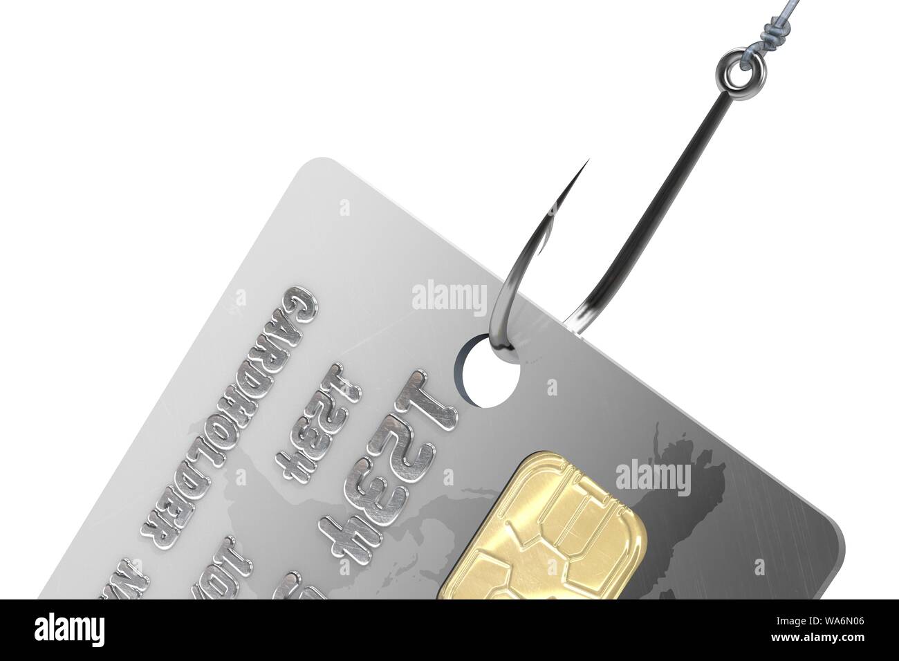 3d illustrazione: nero carta di credito della banca agganciato con un acciaio fishhook. Metafora. Protezione dei dati personali e la sicurezza su Internet Foto Stock