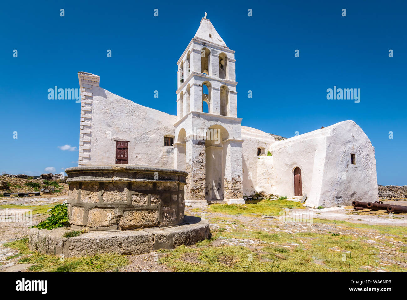 Vecchia chiesa bianca di Kythira Island, Grecia. Foto Stock