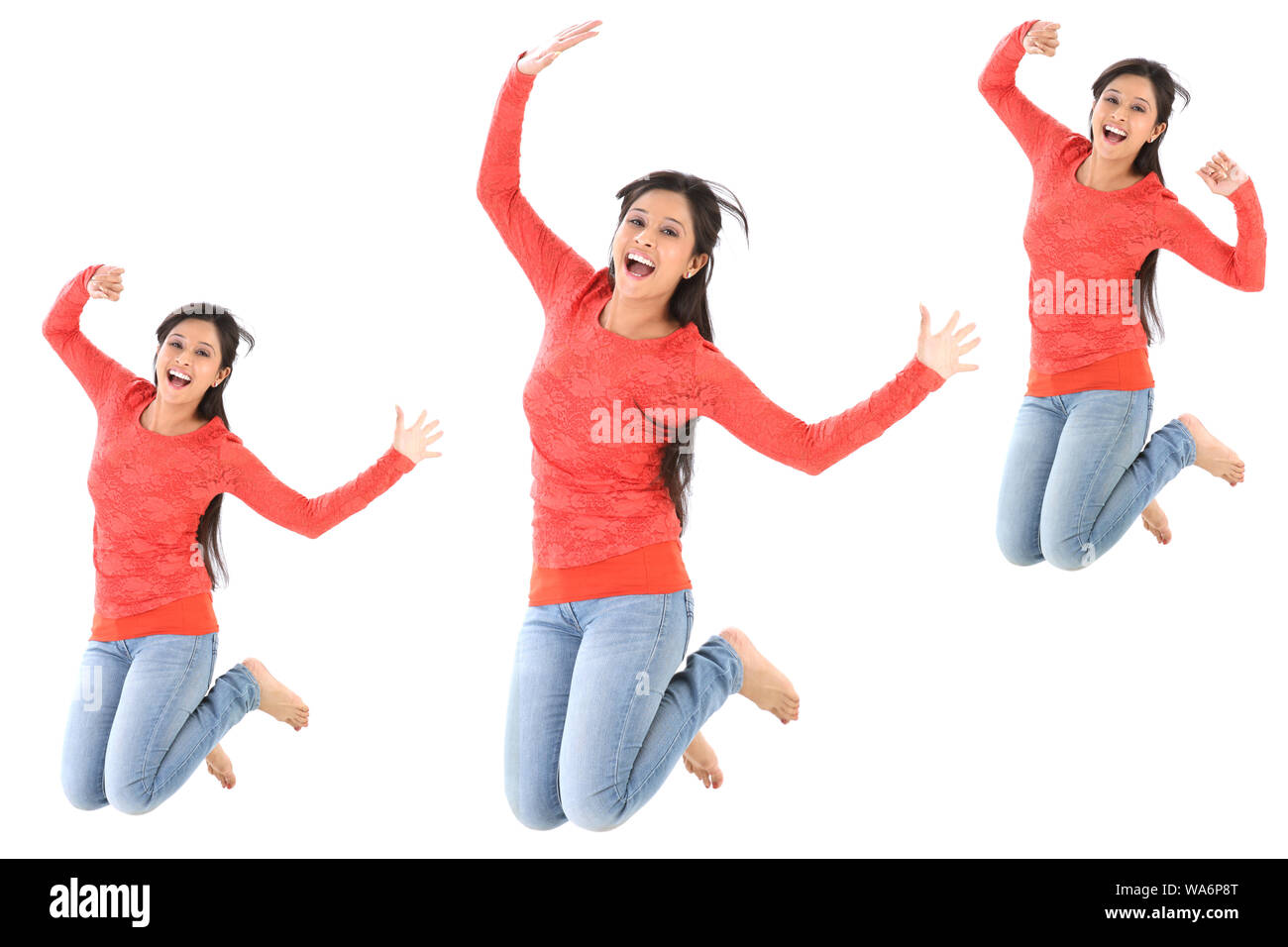 Immagini multiple di una giovane donna che salta isolato su sfondo bianco Foto Stock