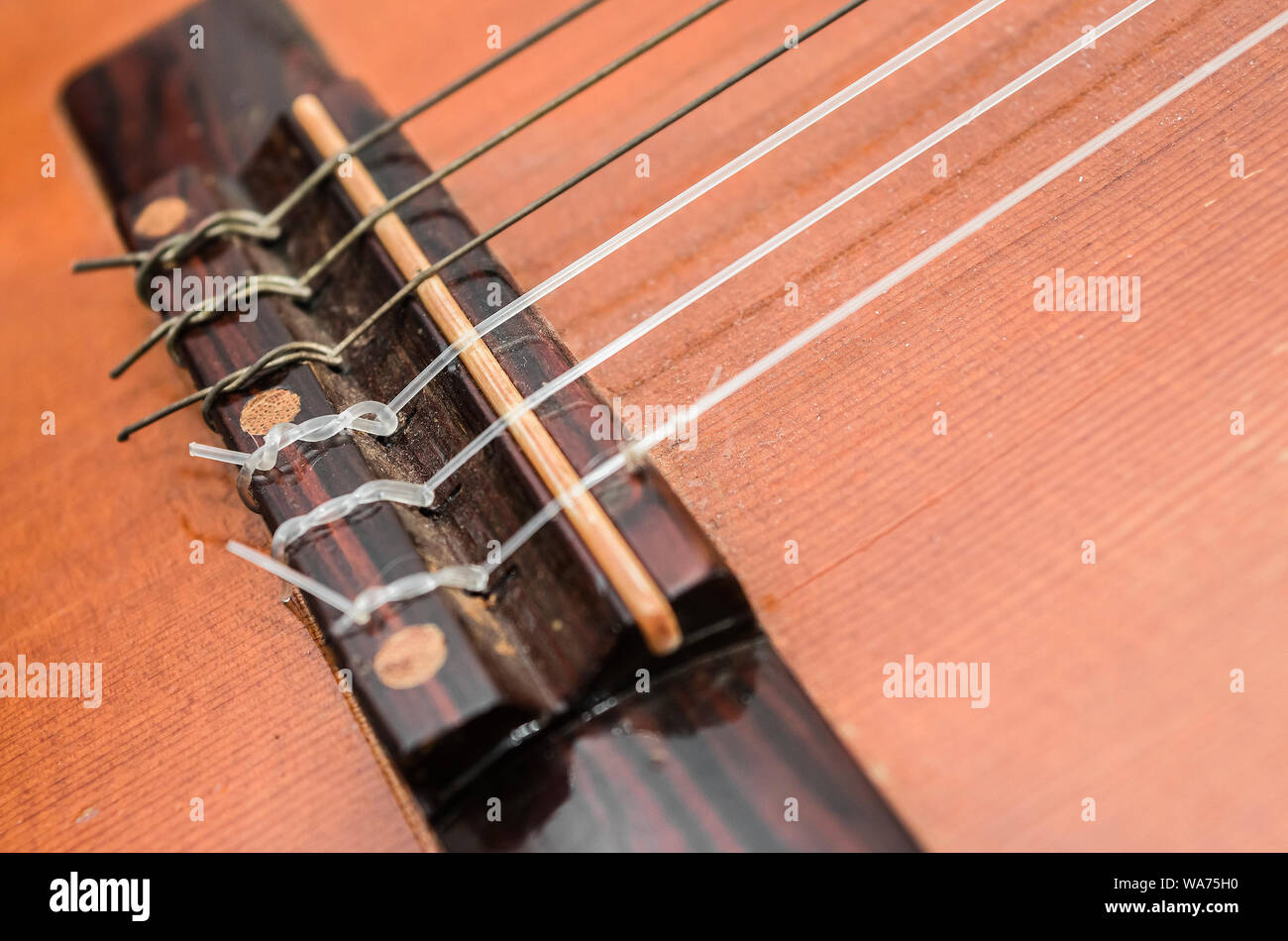 Ponte di una chitarra acustica. Le corde in nylon legata sul ponte della  chitarra. La profondità di campo, dettagli di una vecchia chitarra acustica,  usurate e polverosa Foto stock - Alamy