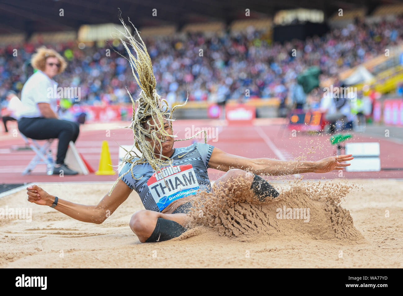 Birmingham, Regno Unito. Il 18 agosto 2019. Nafissatou Thiam del Belgio in Donne Salto in lungo durante il Muller Grand Prix Birmingham 2019 presso Alexander Stadium di Domenica, 18 agosto 2019 a Birmingham in Inghilterra. Credito: Taka G Wu/Alamy Live News Foto Stock