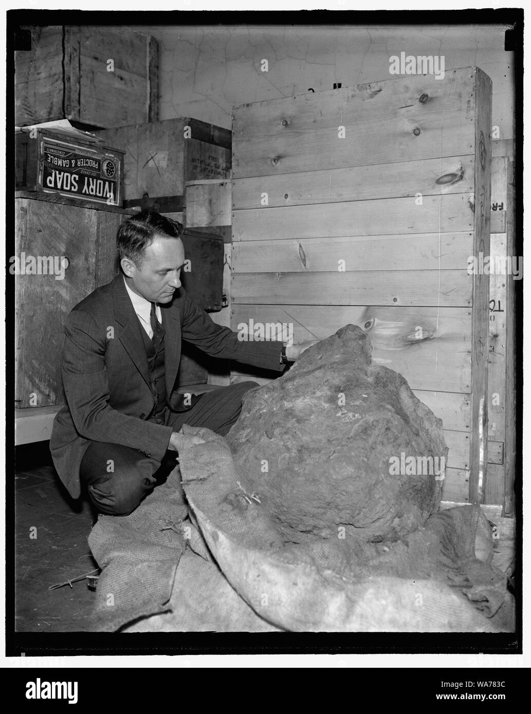 Un frammento della più grande shooting star collocato in Smithsonian Institution. Washington, 4 aprile. Questo 2.000 pound meteorite, probabilmente un frammento di una delle più grandi stelle cadenti che hanno colpito la terra, è stato aggiunto per il meteorite raccolta del Smithsonian Institution. È stato trovato nel 1903 vicino alla città di Pearcedale, non lontano da Melbourne in Australia, l'area generale del Cranbourne meteorite che è stato scoperto nel 1854. E.P. Henderson, del Smithsonian Institution, è raffigurato ispezionando l'enorme massa, 4-4-39 Foto Stock