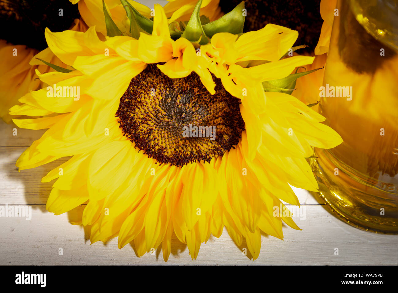 Semi di girasole e olio di semi di girasole su sfondo di legno Foto Stock