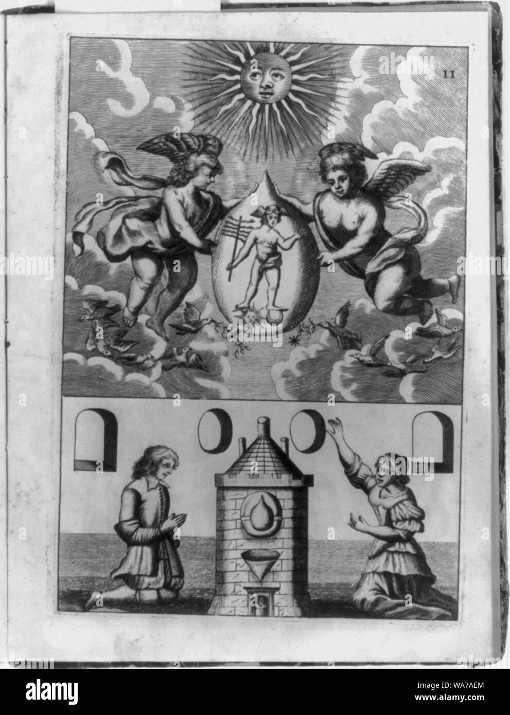 Scena alchemico che mostra due putti holding pietra filosofale contenente immagine di Hermes, al di sotto del quale sono un uomo e una donna inginocchiata davanti forno dove la trasmutazione si svolgerà Foto Stock