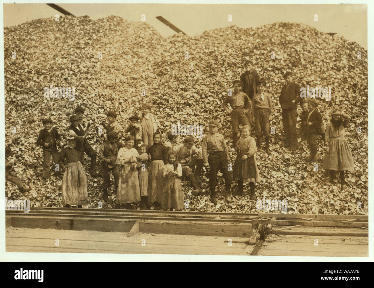Tutti questi bambini (tranne i neonati) shuck le ostriche e i bambini tendono a passare Packing Co. Li ho visti tutti a lavorare lì a lungo prima di Alba. Le foto scattate a mezzogiorno in assenza del Supt. Chi mi ha negato il permesso perché [d] Il lavoro minorile agitazione. La fabbrica appartiene a Dunbar, Lopez, Dukate Co. Abstract: Fotografie dal record della Nazionale di Lavoro Minorile Comitato (USA) Foto Stock