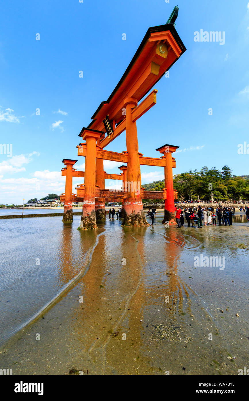 Giappone, Miyajima. Il grande Torii, o Otorii del santuario di Itsukushima. Red Torii sulla sabbia a marea e molte persone che camminano intorno ad esso. Foto Stock