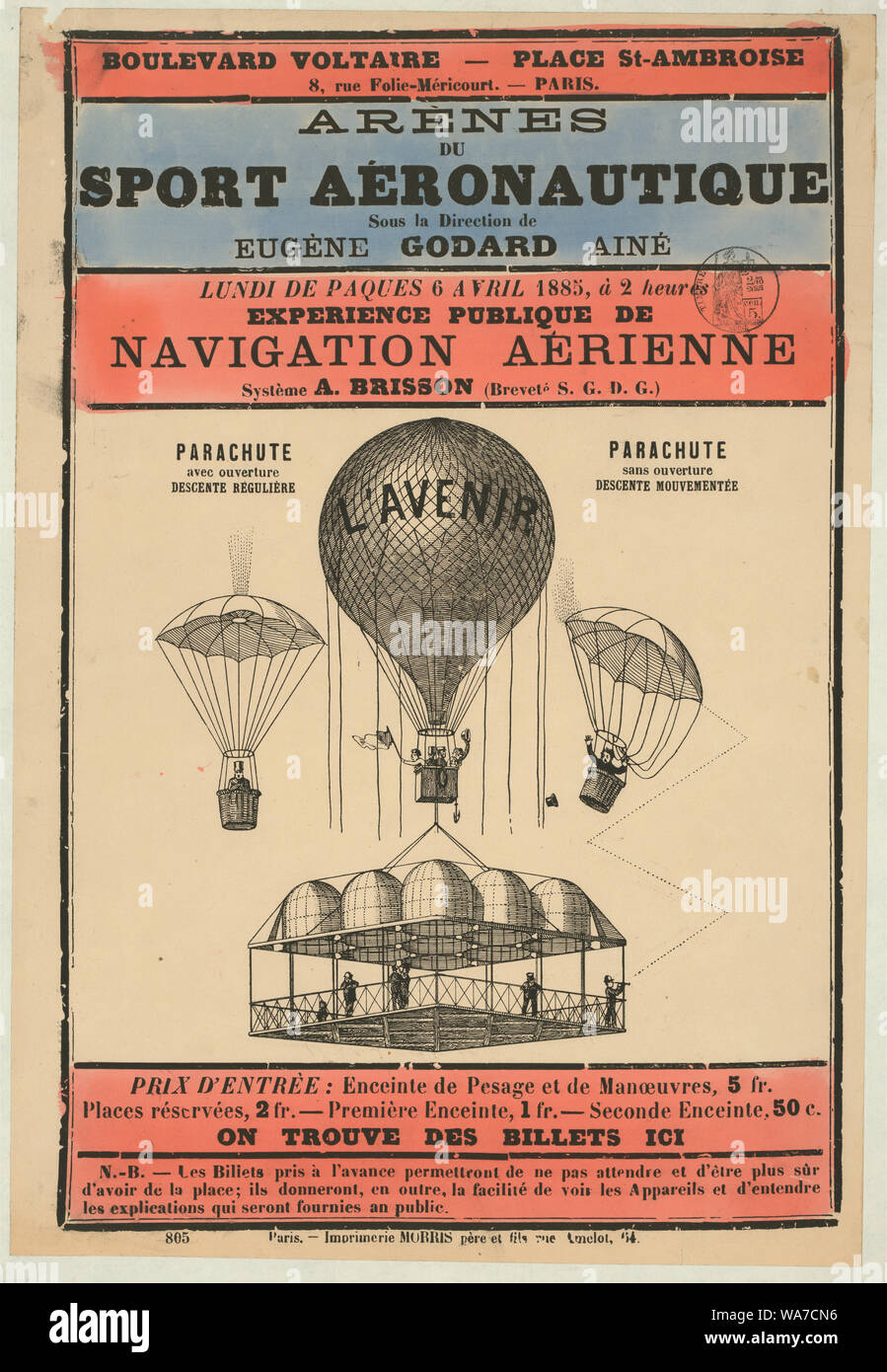 Arènes du sport aéronautique sous la direction de Eugène Godard, aîné, lundi de Paques, 6 avril 1885, à 2 heures. Esperienza publique de navigation aérienne, système A. Brisson (Breveté S.G.D.G.); costeggiata annunciando un'aeronautica mostra organizzata sotto la direzione di balloonist Eugene Godard e tenuto a Parigi nel 1885. Include le foto del palloncino L'Avenir dotato di due distinte zone passeggeri-un cestello attaccato direttamente al di sotto del palloncino e una piattaforma fissata al di sotto del cestello. Due paracadutisti scendere su entrambi i lati del palloncino. Foto Stock