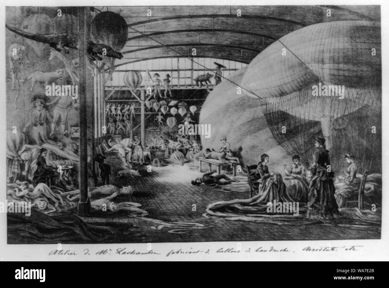 Atelier de Il Sig. Lachambre fabricant de Ballons de baudruche, aerostats, ecc., 24 passage des preferiti, Parigi, Vaugirard, Aout 1883; il disegno mostra l'interno di Henri Lachambre della balloon manufacturing facility, con palloncino di sacchetti e bozzetti di varie dimensioni. Quattro donne a destra cucire il tessuto a palloncino. Foto Stock