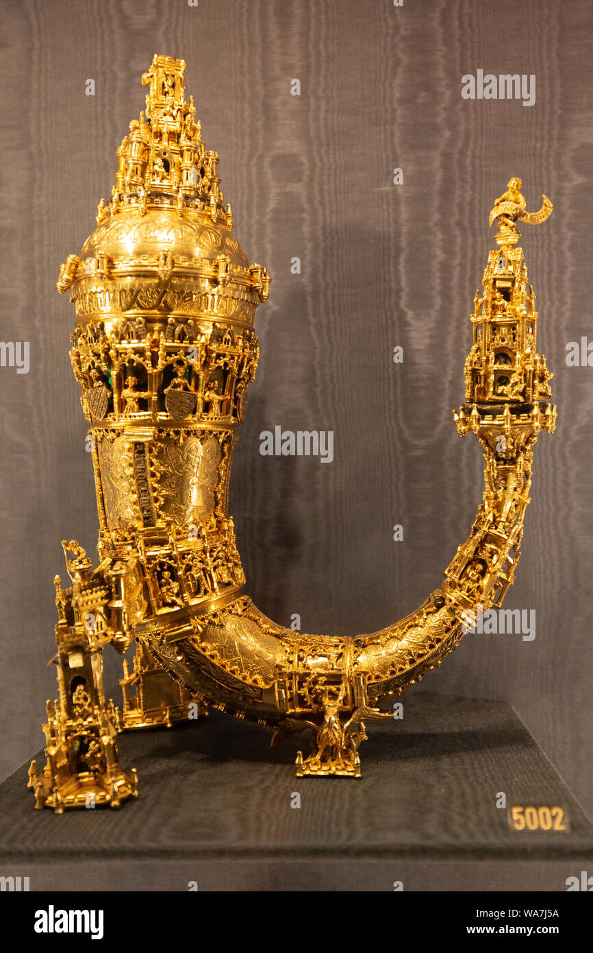 La tromba Oldenborg, del XV secolo ha un corno potabile; la Royal Danish raccolta, il Castello di Rosenborg, Copenhagen DANIMARCA Scandinavia Europa Foto Stock