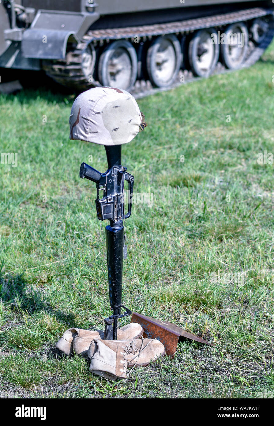 Un memoriale per i nostri caduti è sul display per un soldato caduto, almeno ci dimentichiamo di evento in St Joseph Michigan , Foto Stock