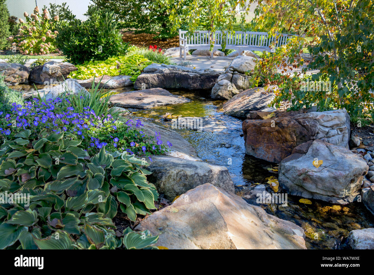 Legno curvato panche in guardia per difendere un tranquillo laghetto, in questo giardino dell'Indiana Foto Stock