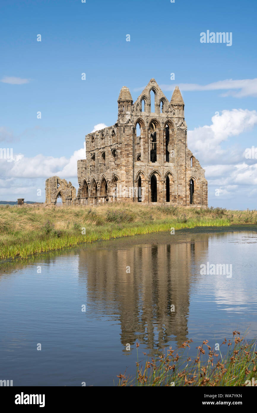 Whitby Abbey, un secolo XIII rovinato abbazia benedettina a Whitby, nello Yorkshire, Inghilterra, Regno Unito Foto Stock