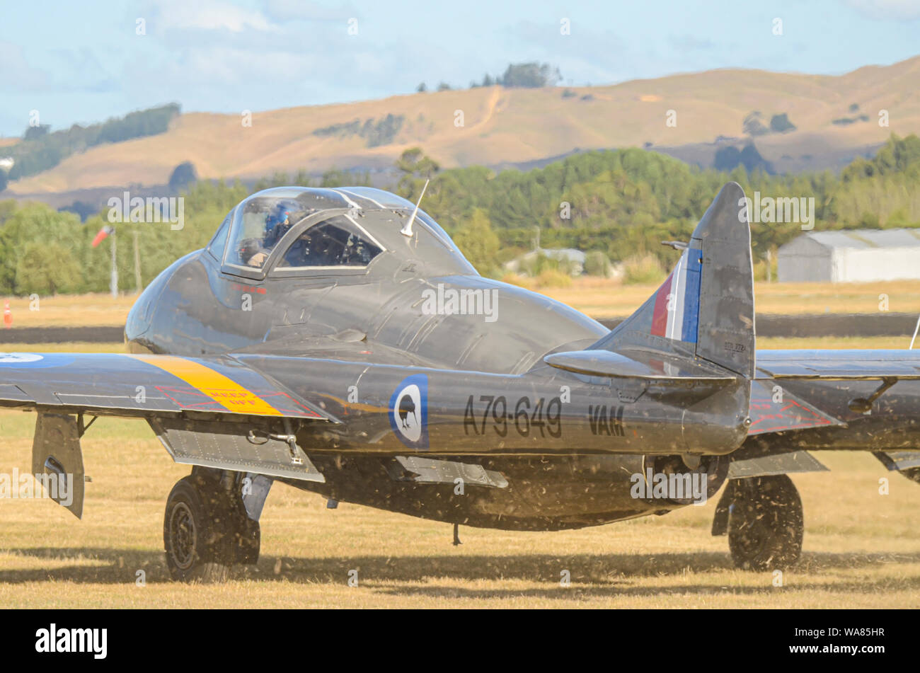 De Havilland Vampire jet piano ad ali su airshow Wairarapa, cappa Aerodrome, Masterton, Nuova Zelanda. Il rullaggio su erba che soffia su tagli di erba Foto Stock
