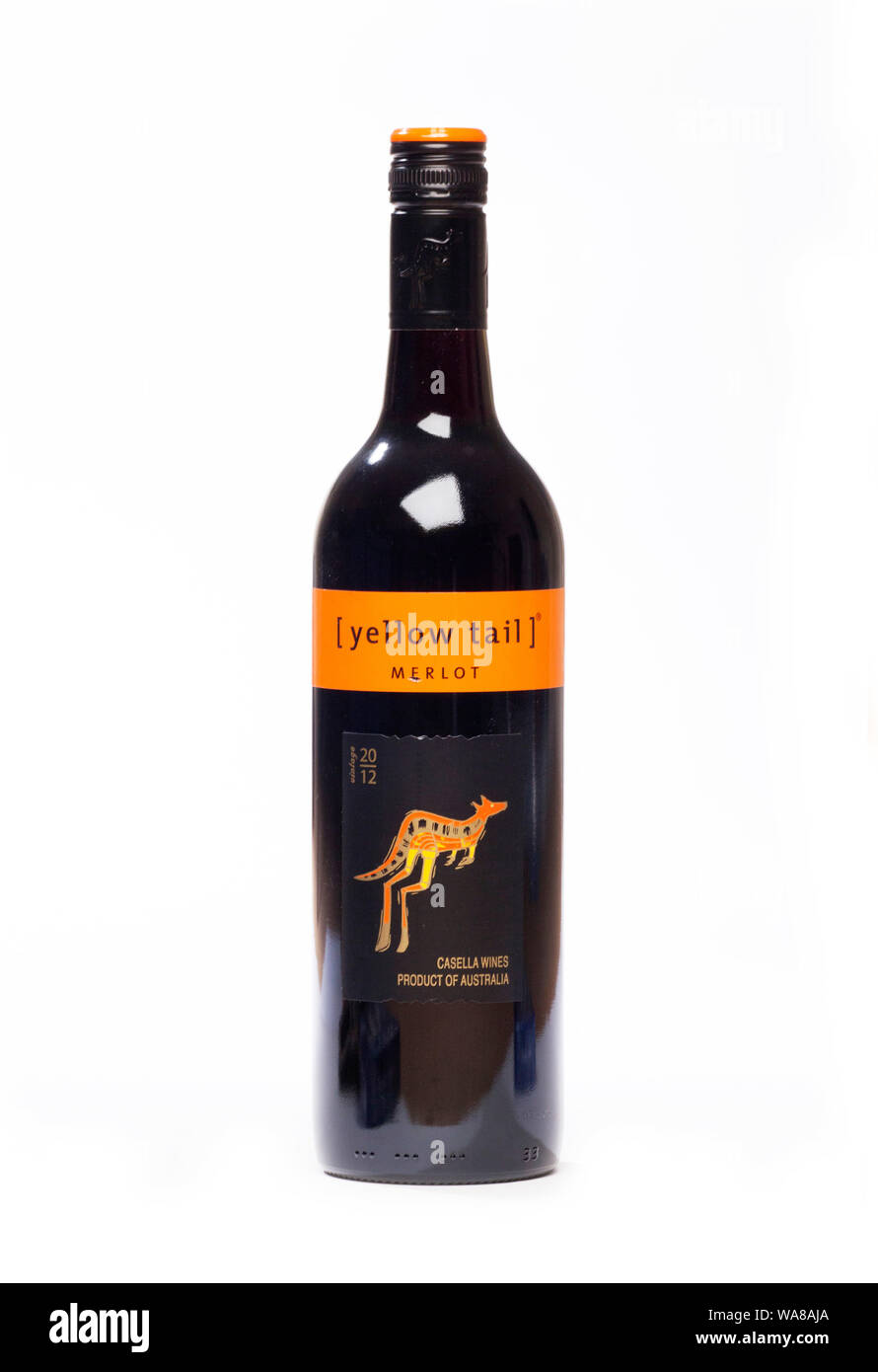 Bottiglia di coda gialla Merlot australiano di vino rosso Foto Stock