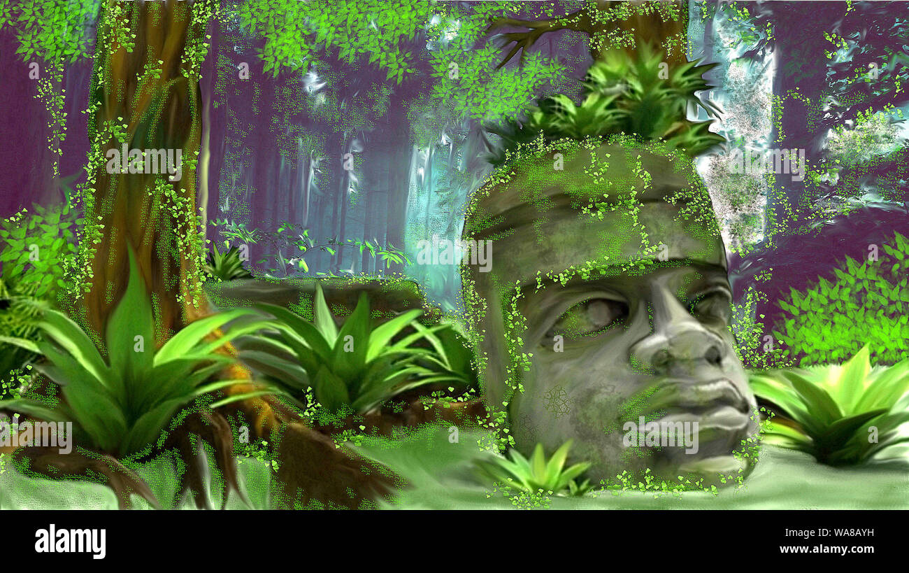 Pittura artistica di una testa olmeca in una lussureggiante foresta pluviale. Foto Stock
