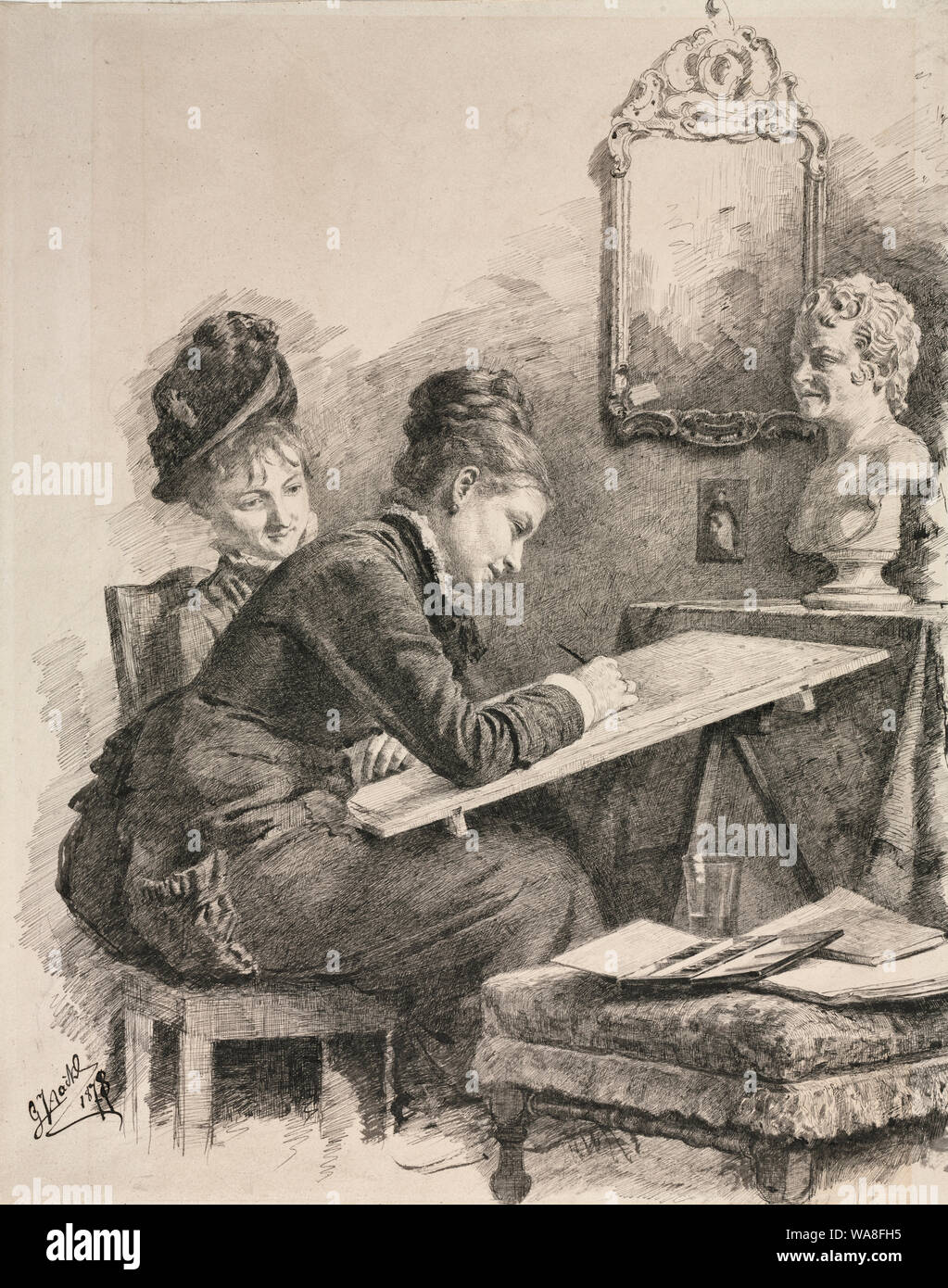 Due donne abbozzare una scultura - Gabriel von Hackl, 1878 Foto Stock