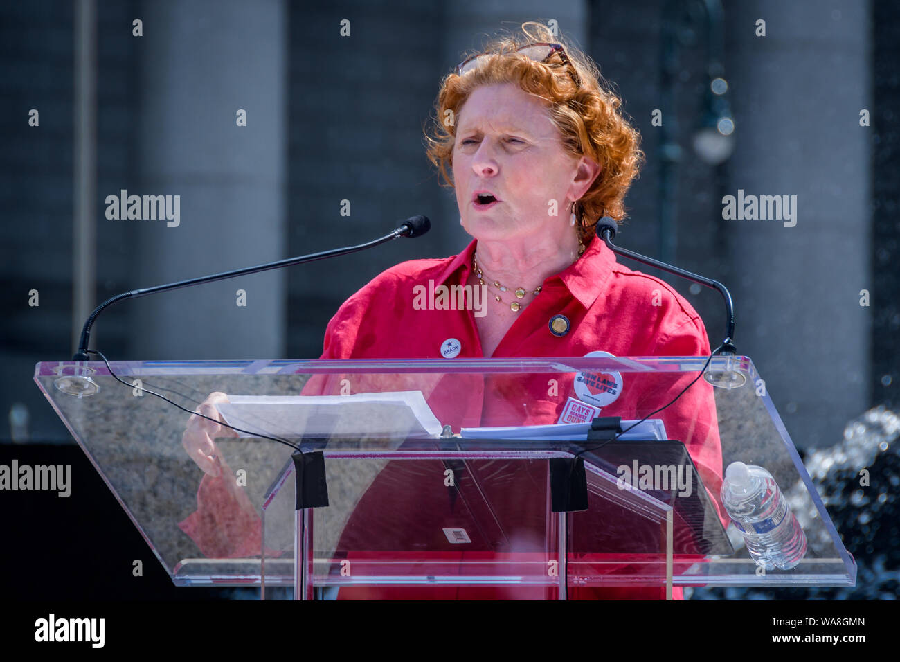 New York, Stati Uniti. 18 Agosto, 2019. Assemblymember Jo Anne Simon - mamme di domanda di azione ha ospitato una rientranza Rally e incontro comunitario il 18 agosto 2019 a Foley Square per onorare le vittime della violenza di pistola e a chiamare i nostri legislatori ad agire e a ricordare ai deputati del Congresso circa l' urgenza di votare per la sicurezza della pistola di quest'anno. (Foto di Erik McGregor/Pacific Stampa) Credito: Pacific Press Agency/Alamy Live News Foto Stock