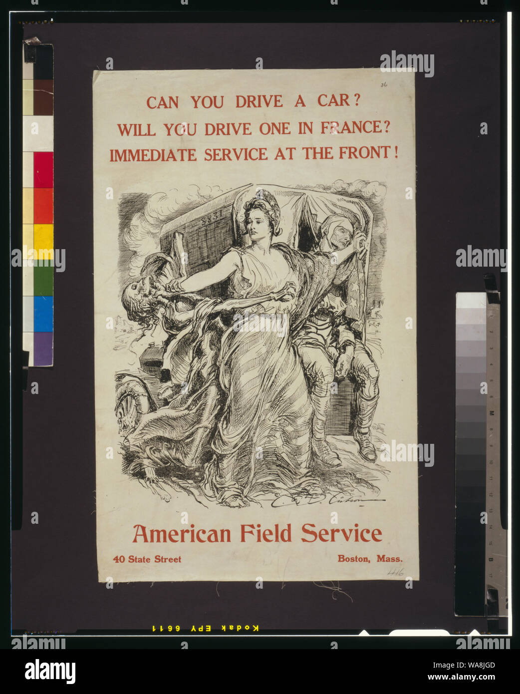 È possibile guidare un auto--sarà possibile guidare uno in Francia--servizio immediato nella parte anteriore! Abstract: Poster raffigurante la libertà fending off la morte come lei protegge un soldato ferito. Foto Stock