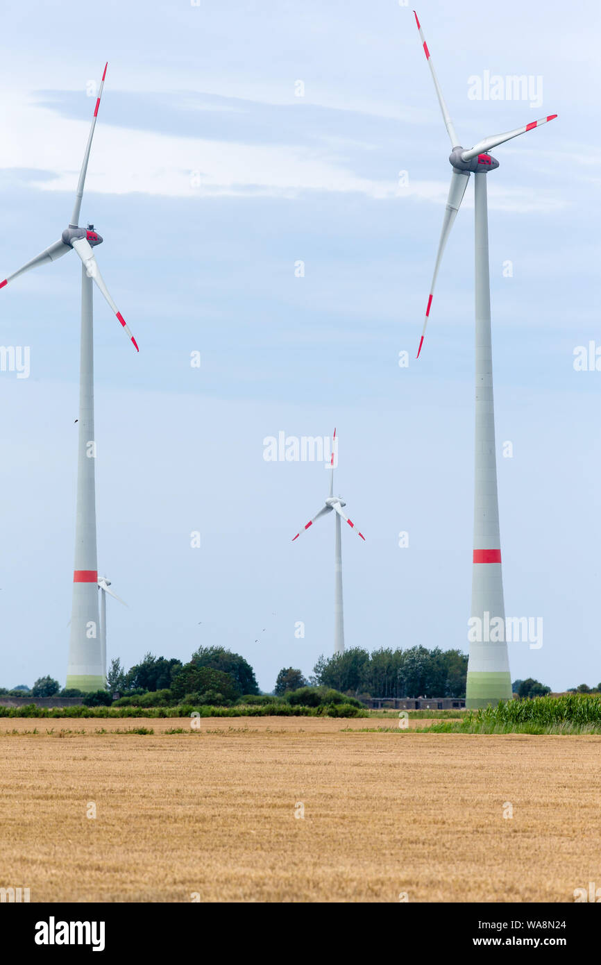 09 agosto 2019, Schleswig-Holstein, Husum: mulini a vento con speciale ostacolo le marcature sono situati sul Bundestraße 203 tra Heide e di Büsum. (A dpa 'Avvertimento strisce sulle ali di mulino a vento non salvare gli uccelli") Foto: Frank Molter/dpa Foto Stock