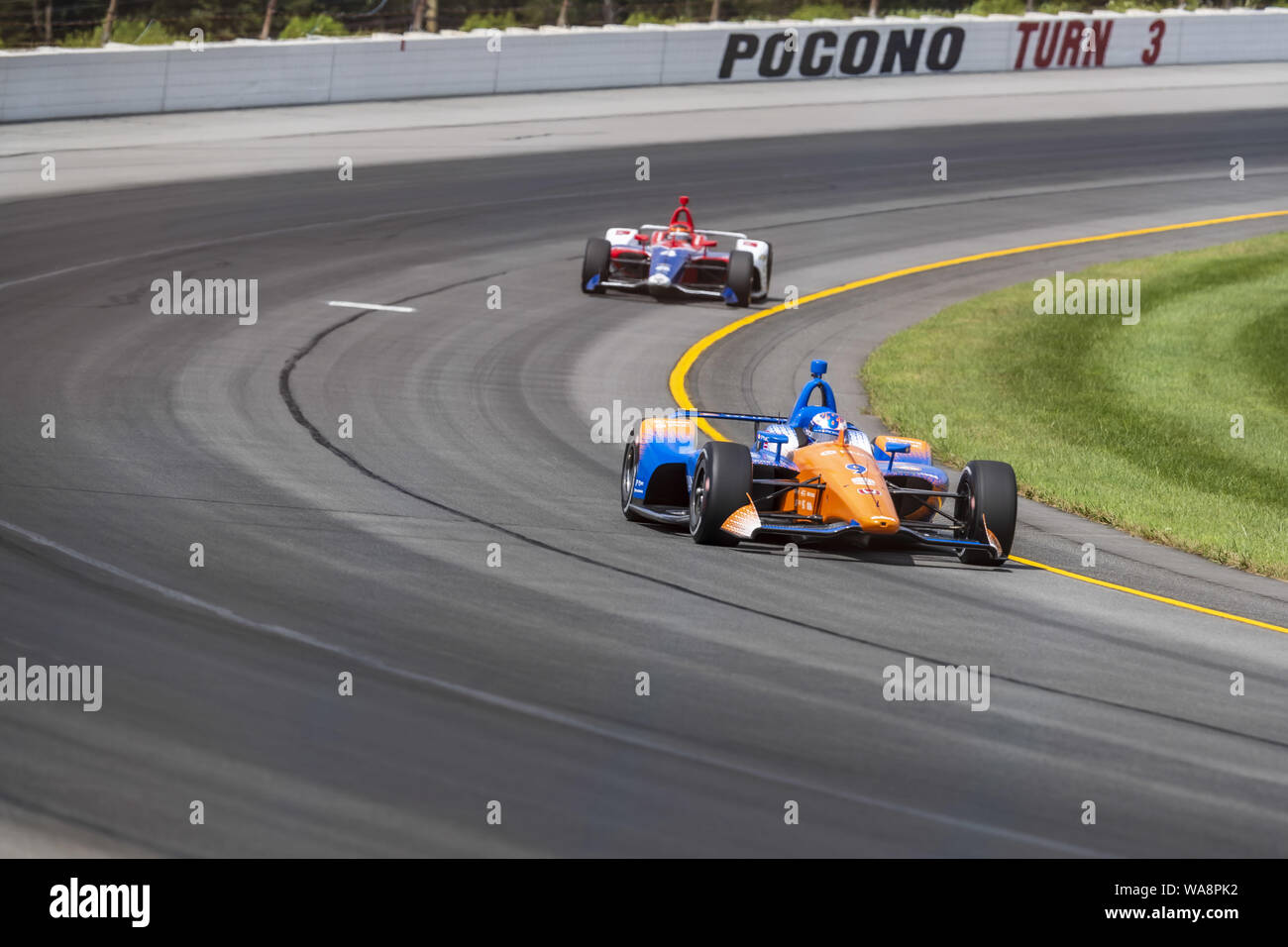 Agosto 17, 2019, lunga vasca, Pennsylvania, USA: Scott Dixon (9) di Auckland in Nuova Zelanda le pratiche di alimentazione ABC 500 in Pocono Raceway in lunga vasca, Pennsylvania. (Credito Immagine: © Colin J Mayr mola Media/ASP) Foto Stock