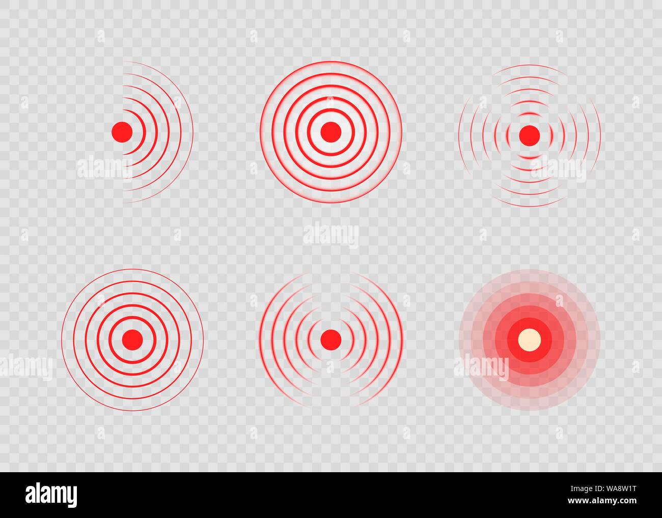 Set di red dolorosa spot di destinazione. Cerchi di dolore. Le onde del sonar. Anelli rossi del dolore per indicare la localizzazione di ache. Illustrazione Vettoriale Illustrazione Vettoriale