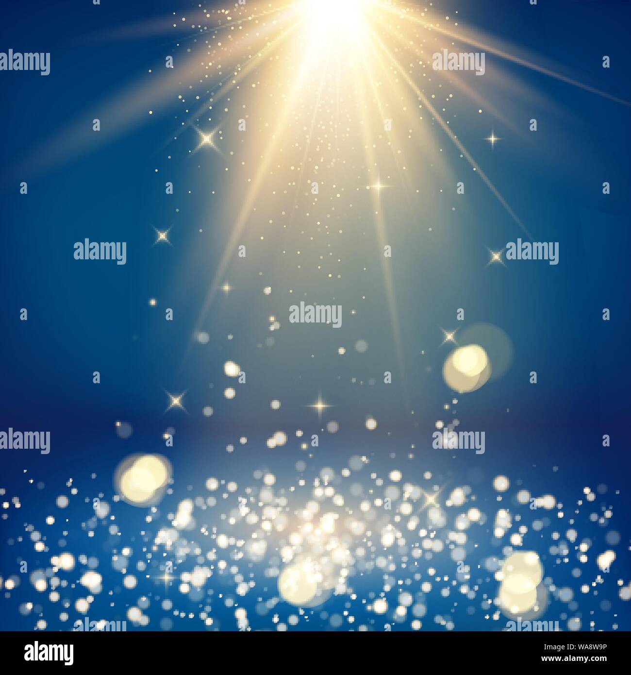 In scena con glitter e bokeh effetto. I raggi di luce dorata e la caduta di polvere scintillante. Shiny di sfondo per studio. Illustrazione Vettoriale Illustrazione Vettoriale