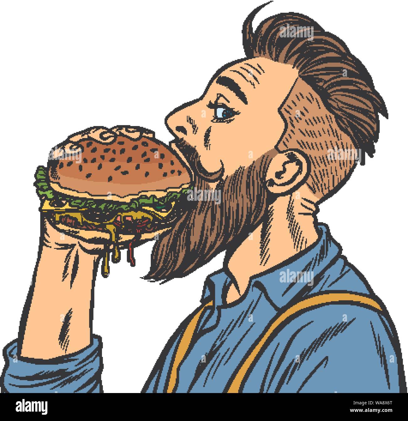 Hipster uomo mangiare hamburger. La Pop art retrò stock vettore illustrazione Illustrazione Vettoriale