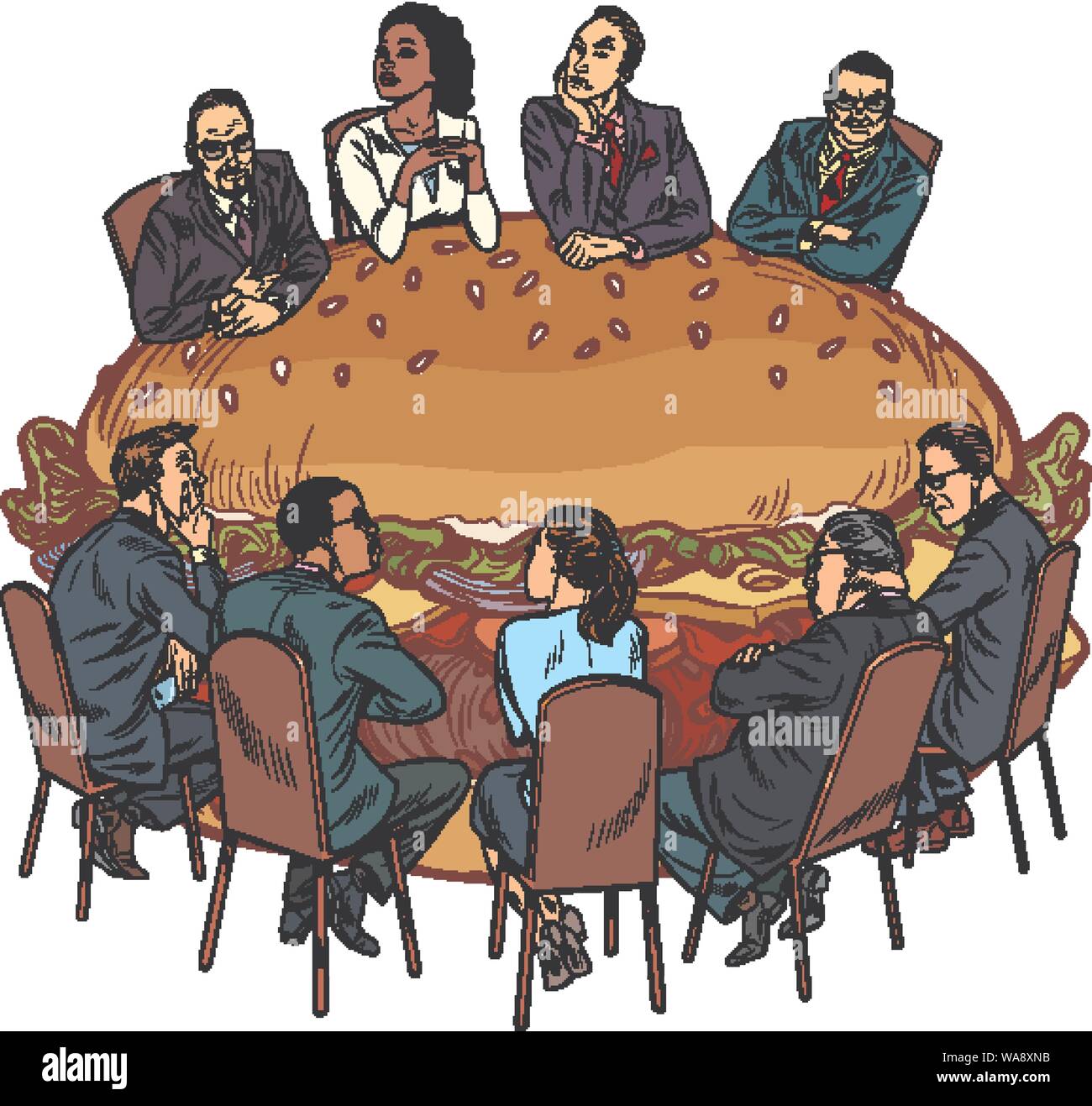 Un gruppo di persone in un ristorante. Burger fast food. La Pop art retrò illustrazione vettoriale disegno Illustrazione Vettoriale