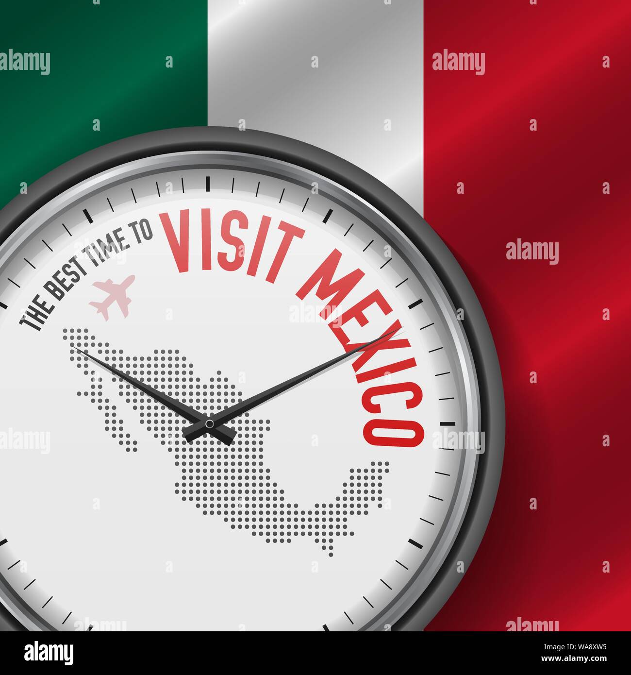 Il periodo migliore per visitare il Messico. Viaggi in Messico. Aria turistica volo. Sventola bandiera di sfondo e punti mappa Pattern sul quadrante. Illustrazione Vettoriale. Illustrazione Vettoriale