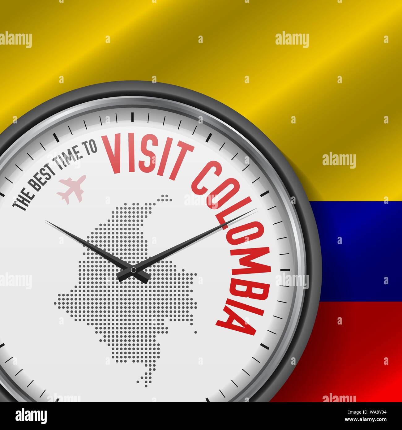 Il periodo migliore per visitare la Colombia. Viaggio in Colombia. Aria turistica volo. Sventola bandiera di sfondo e punti mappa Pattern sul quadrante. Illustrazione Vettoriale. Illustrazione Vettoriale