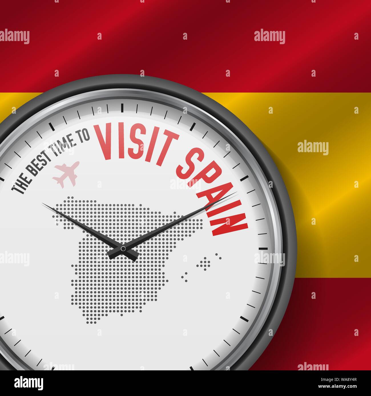 Il periodo migliore per visitare la Spagna. Viaggio in Spagna. Aria turistica volo. Sventola bandiera di sfondo e punti mappa Pattern sul quadrante. Illustrazione Vettoriale. Illustrazione Vettoriale