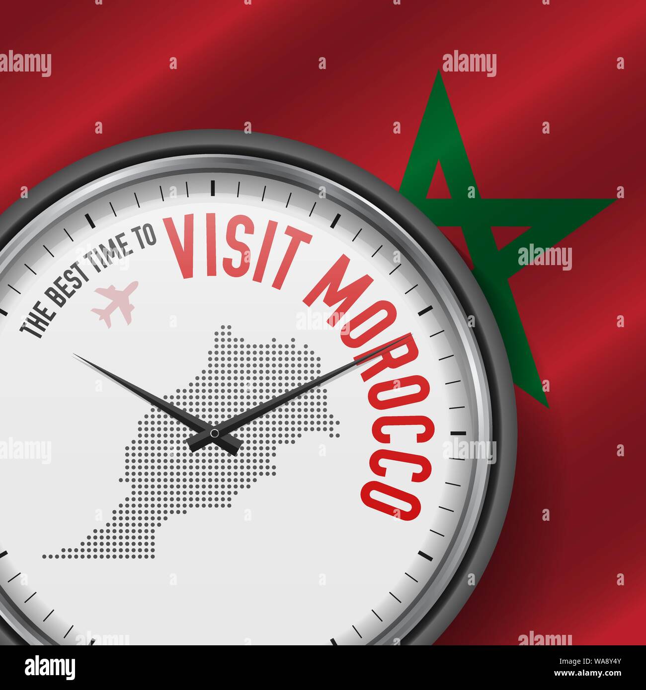 Il momento migliore per visitare il Marocco. Viaggio in Marocco. Aria turistica volo. Sventola bandiera di sfondo e punti mappa Pattern sul quadrante. Illustrazione Vettoriale. Illustrazione Vettoriale
