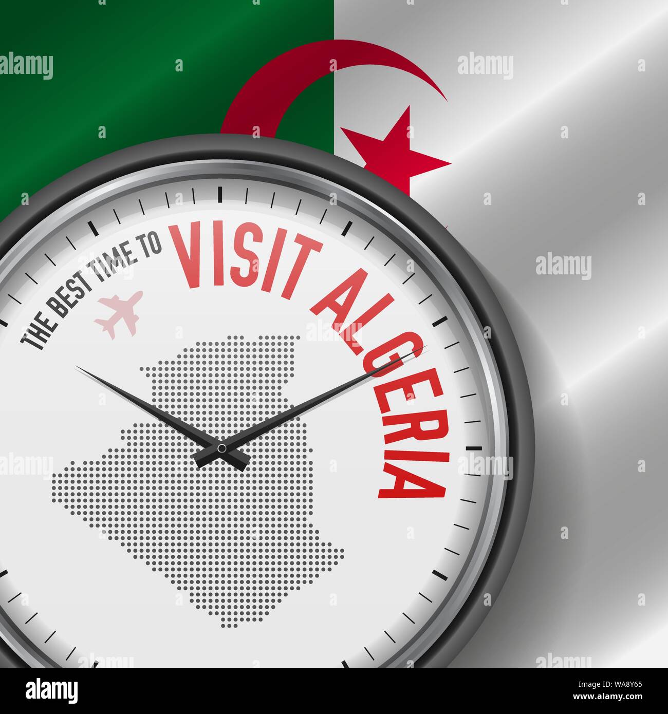 Il periodo migliore per visitare l'Algeria. Viaggio in Algeria. Aria turistica volo. Sventola bandiera di sfondo e punti mappa Pattern sul quadrante. Illustrazione Vettoriale. Illustrazione Vettoriale