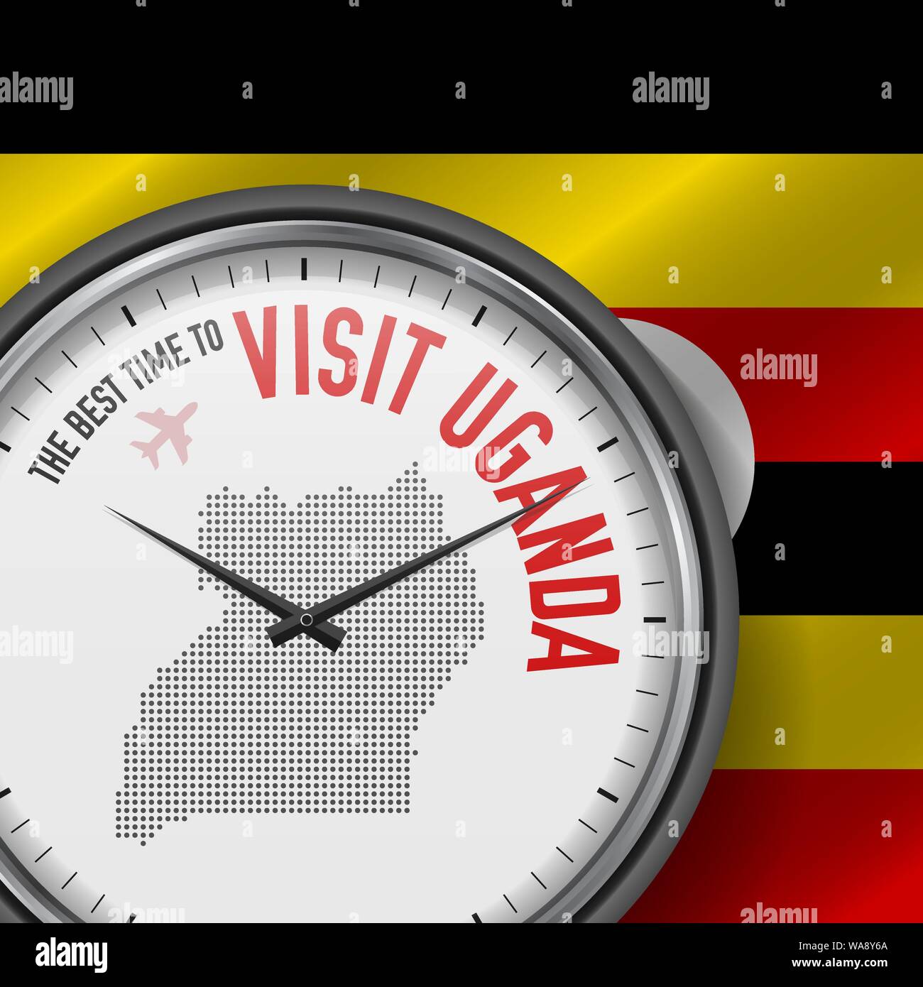 Il periodo migliore per visitare l'Uganda. Viaggio in Uganda. Aria turistica volo. Sventola bandiera di sfondo e punti mappa Pattern sul quadrante. Illustrazione Vettoriale. Illustrazione Vettoriale