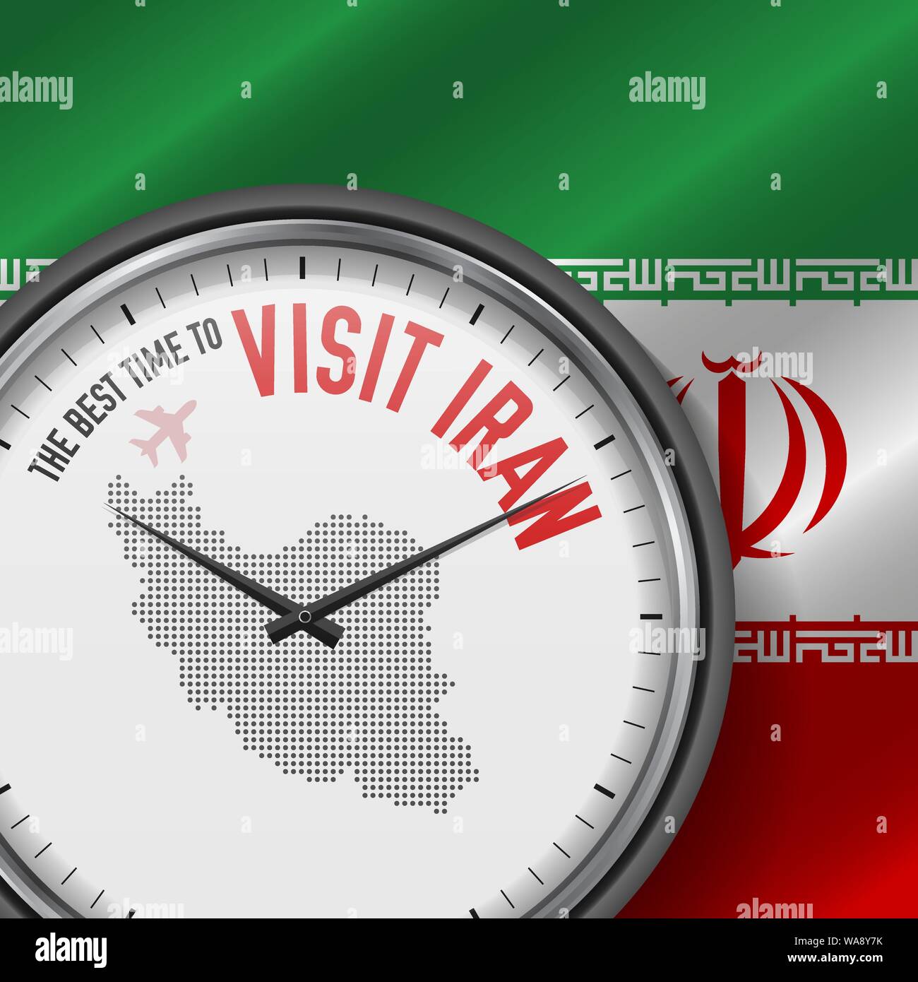 Il periodo migliore per visitare l'Iran. Viaggio in Iran. Aria turistica volo. Sventola bandiera di sfondo e punti mappa Pattern sul quadrante. Illustrazione Vettoriale. Illustrazione Vettoriale