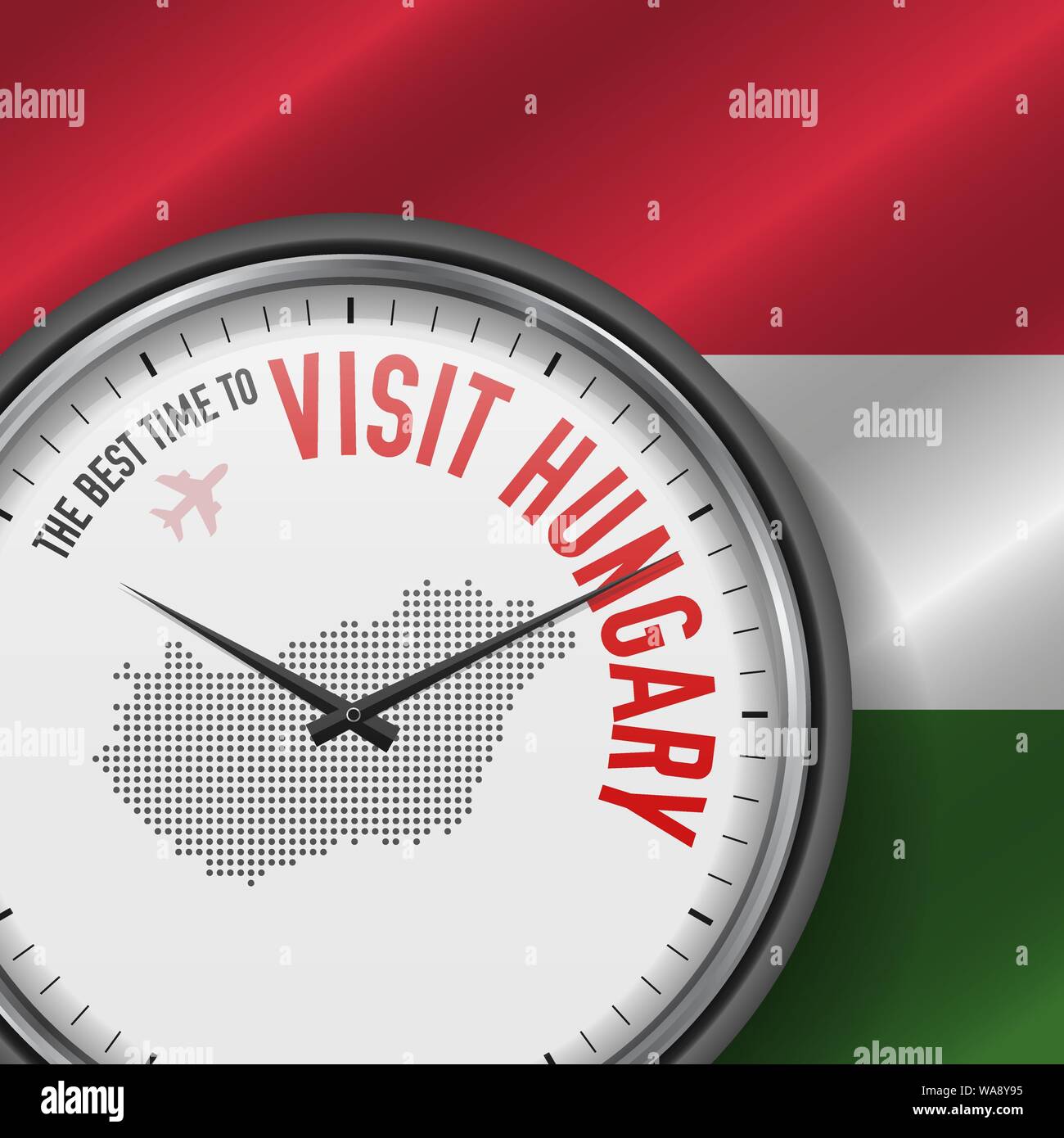 Il periodo migliore per visitare l'Ungheria. Viaggiare in Ungheria. Aria turistica volo. Sventola bandiera di sfondo e punti mappa Pattern sul quadrante. Illustrazione Vettoriale. Illustrazione Vettoriale