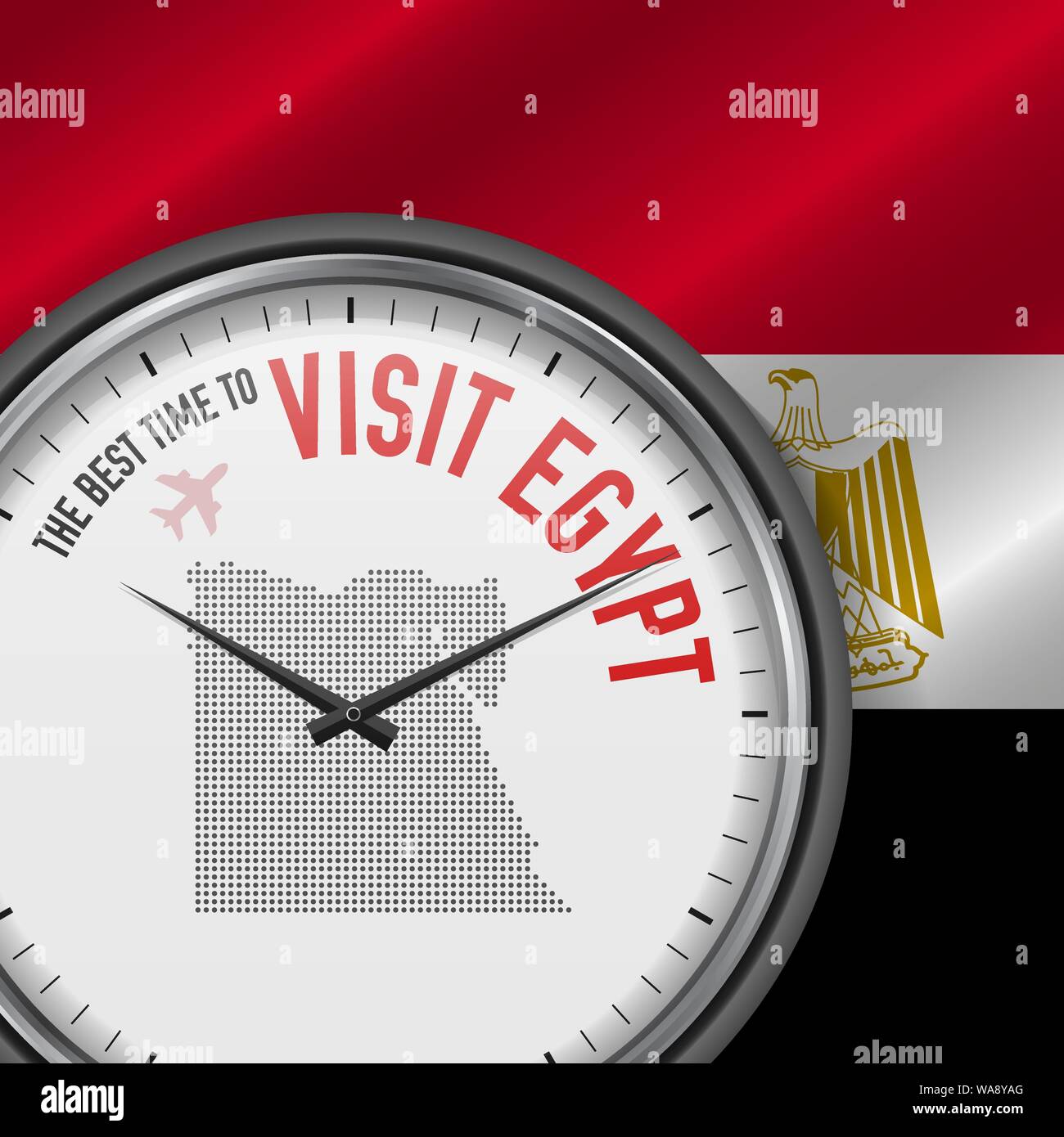 Il periodo migliore per visitare l'Egitto. Viaggio in Egitto. Aria turistica volo. Sventola bandiera di sfondo e punti mappa Pattern sul quadrante. Illustrazione Vettoriale. Illustrazione Vettoriale