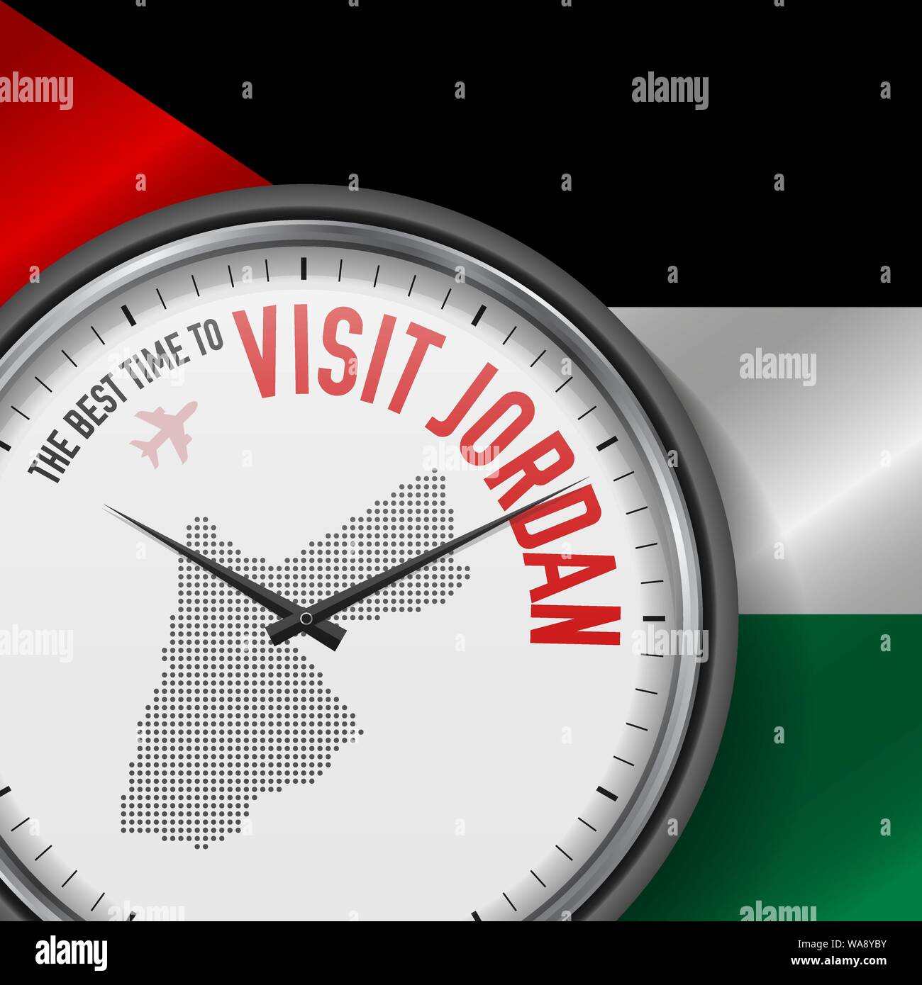Il periodo migliore per visitare la Giordania. Viaggio in Giordania. Aria turistica volo. Sventola bandiera di sfondo e punti mappa Pattern sul quadrante. Illustrazione Vettoriale. Illustrazione Vettoriale