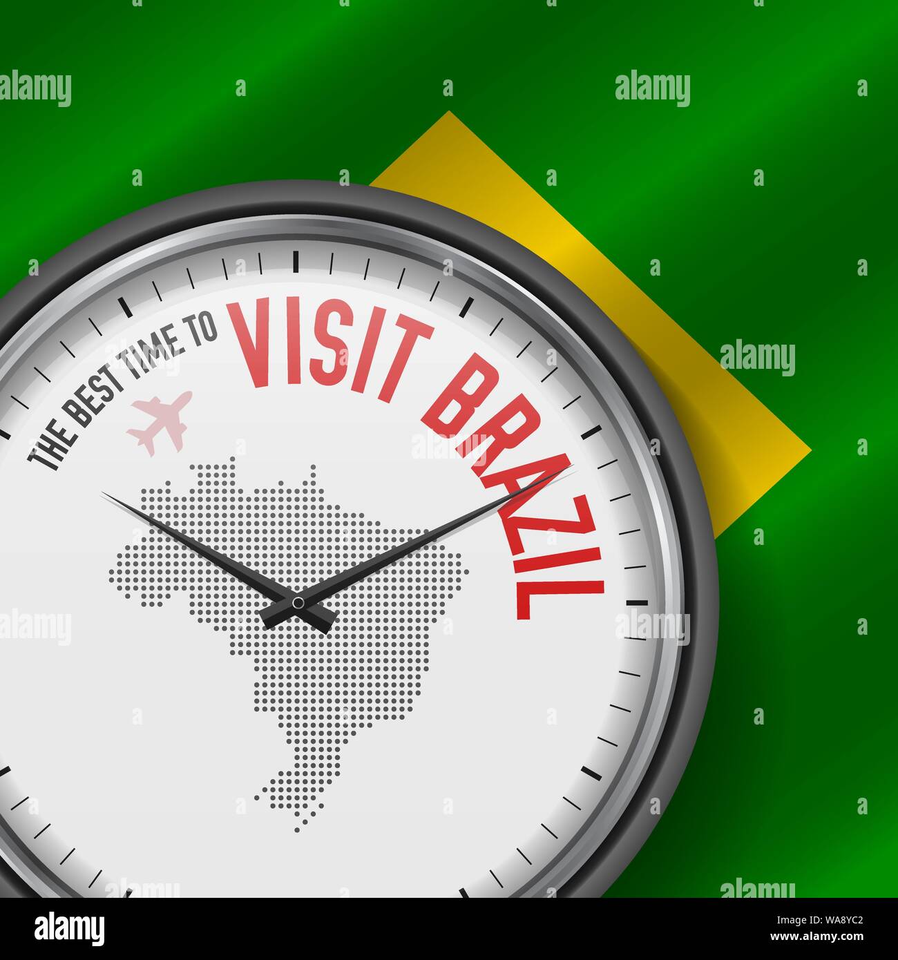 Il periodo migliore per visitare il Brasile. Viaggio in Brasile. Aria turistica volo. Sventola bandiera di sfondo e punti mappa Pattern sul quadrante. Illustrazione Vettoriale. Illustrazione Vettoriale
