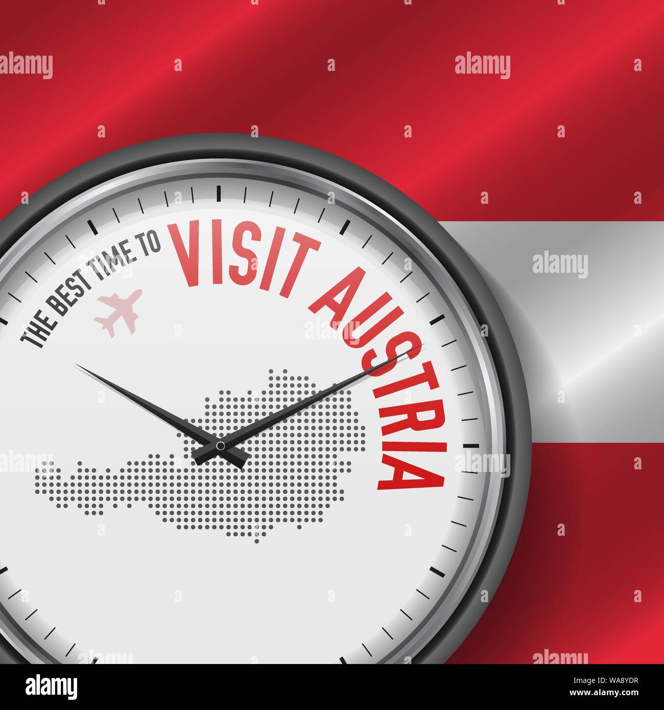 Il periodo migliore per visitare l'Austria. Viaggiare in Austria. Aria turistica volo. Sventola bandiera di sfondo e punti mappa Pattern sul quadrante. Illustrazione Vettoriale. Illustrazione Vettoriale