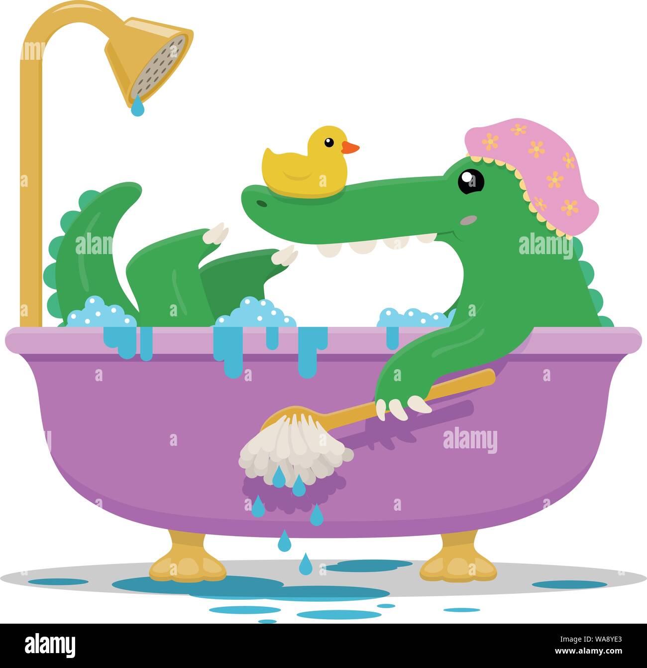 Un simpatico coccodrillo verde con una gomma anatra sul suo naso reclinabile in una vasca da bagno rosa Illustrazione Vettoriale