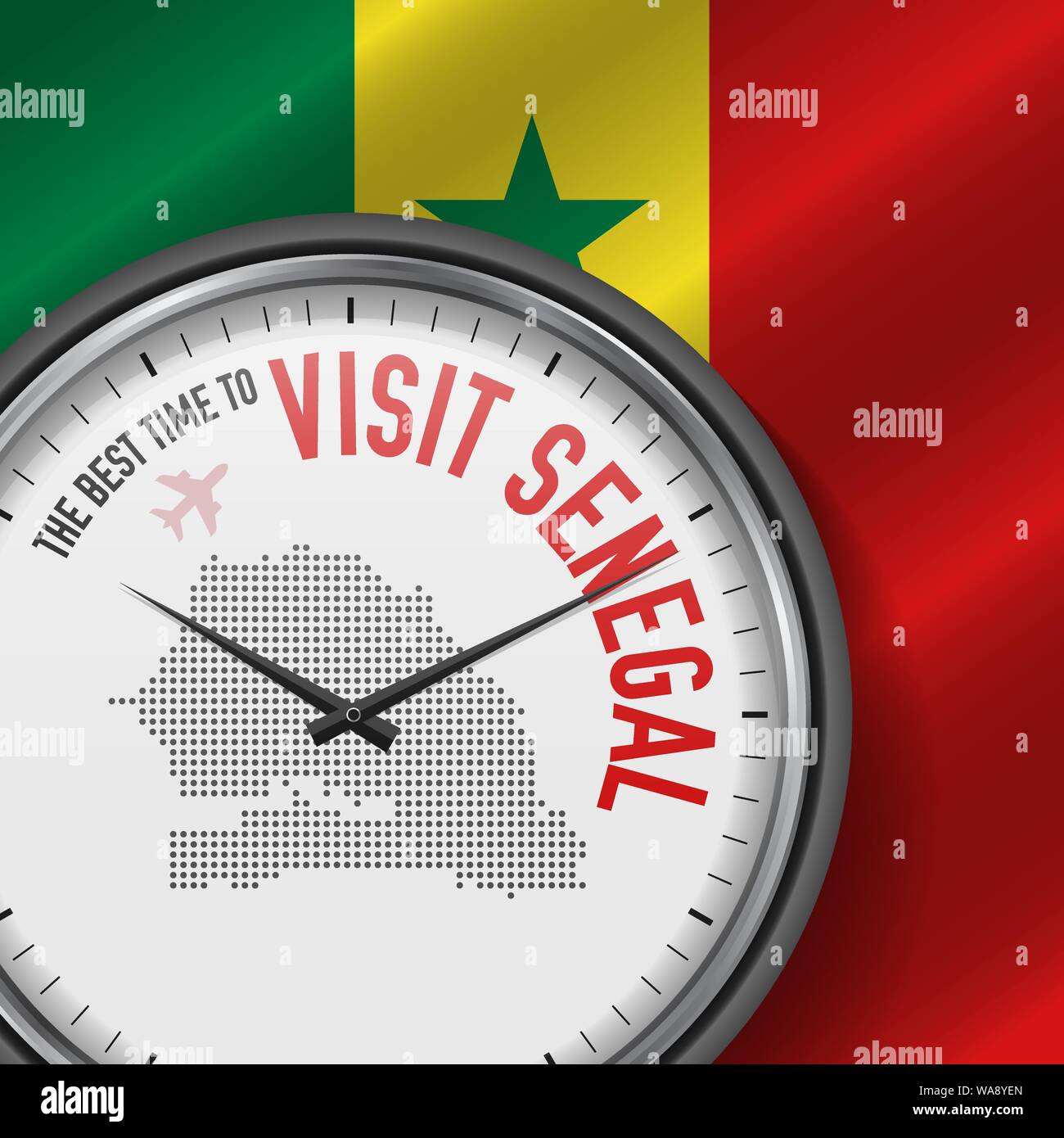 Il periodo migliore per visitare il Senegal. Viaggio in Senegal. Aria turistica volo. Sventola bandiera di sfondo e punti mappa Pattern sul quadrante. Illustrazione Vettoriale. Illustrazione Vettoriale