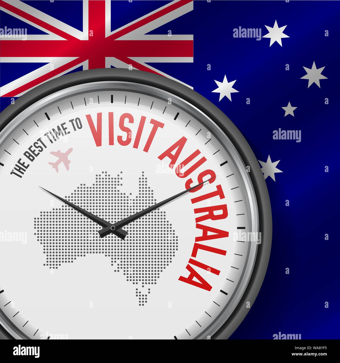 Il periodo migliore per visitare l'Australia. Viaggiare in Australia. Aria turistica volo. Sventola bandiera di sfondo e punti mappa Pattern sul quadrante. Illustratio vettore Illustrazione Vettoriale
