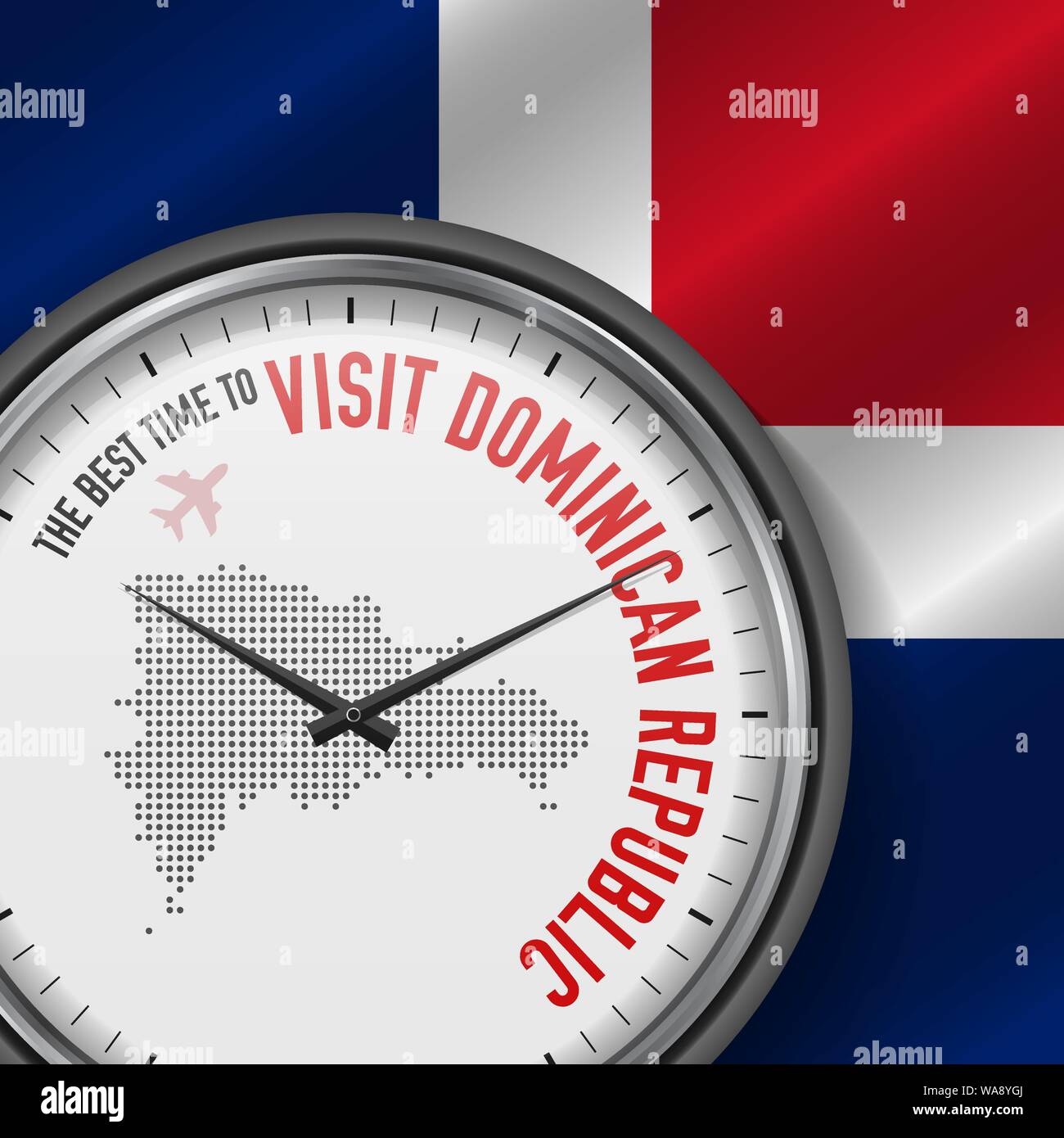 Il periodo migliore per visitare la Repubblica Dominicana. Viaggio in Repubblica Dominicana. Aria turistica volo. Sventola bandiera di sfondo e punti mappa Pattern sul quadrante. Illustrazione Vettoriale