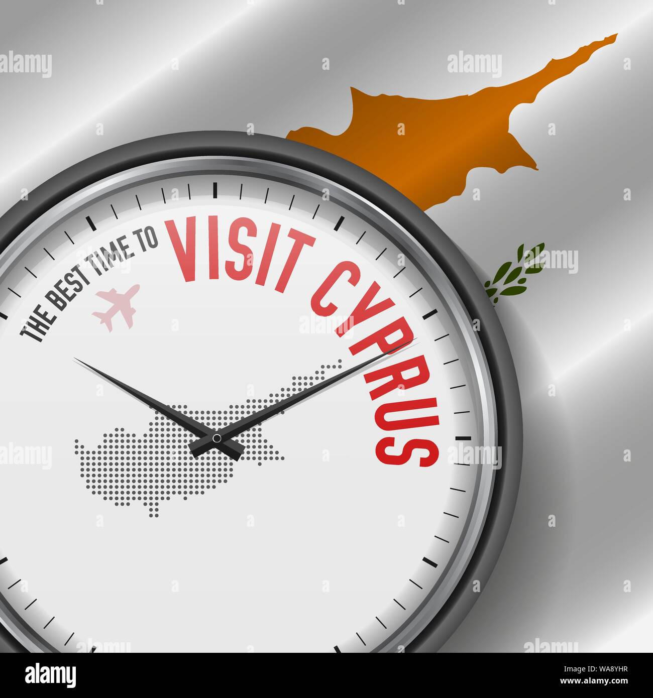 Il momento migliore per visitare Cipro. Viaggio a Cipro. Aria turistica volo. Sventola bandiera di sfondo e punti mappa Pattern sul quadrante. Illustrazione Vettoriale. Illustrazione Vettoriale