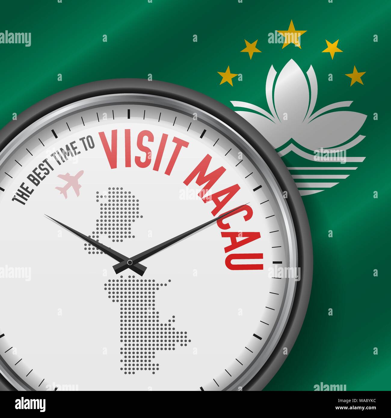 Il periodo migliore per visitare il Macau. Viaggiare a Macau. Aria turistica volo. Sventola bandiera di sfondo e punti mappa Pattern sul quadrante. Illustrazione Vettoriale. Illustrazione Vettoriale