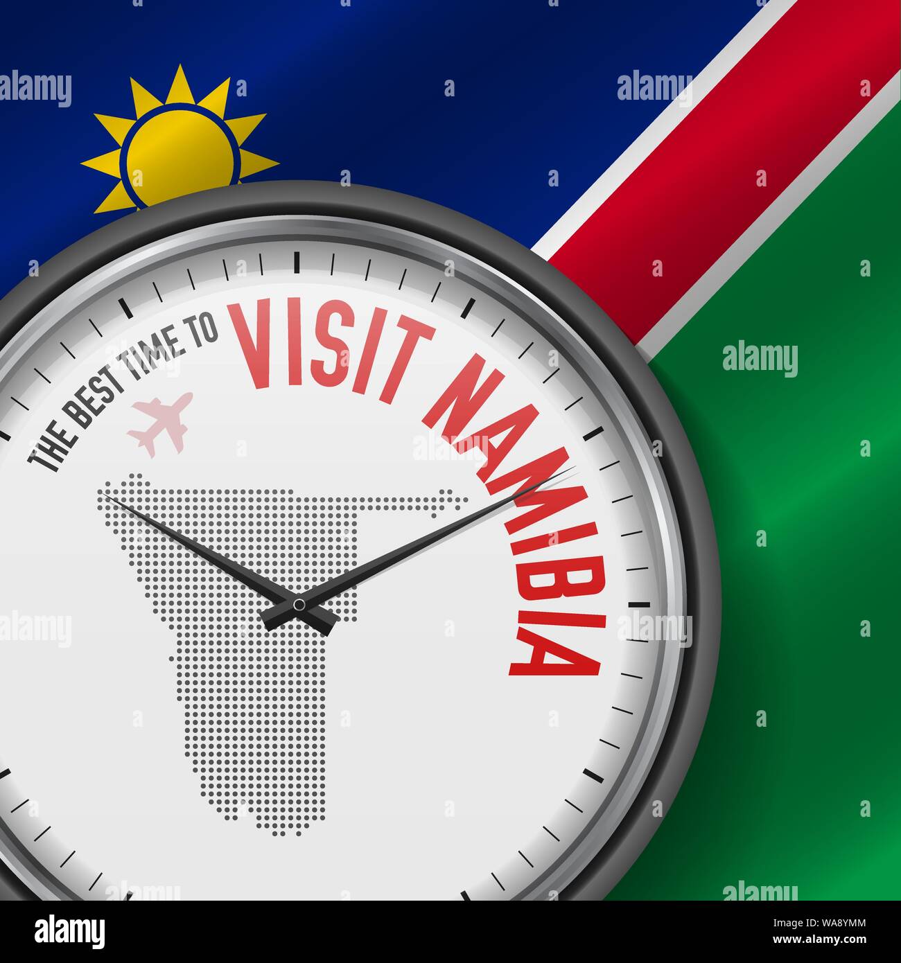 Il periodo migliore per visitare la Namibia. Viaggio in Namibia. Aria turistica volo. Sventola bandiera di sfondo e punti mappa Pattern sul quadrante. Illustrazione Vettoriale. Illustrazione Vettoriale
