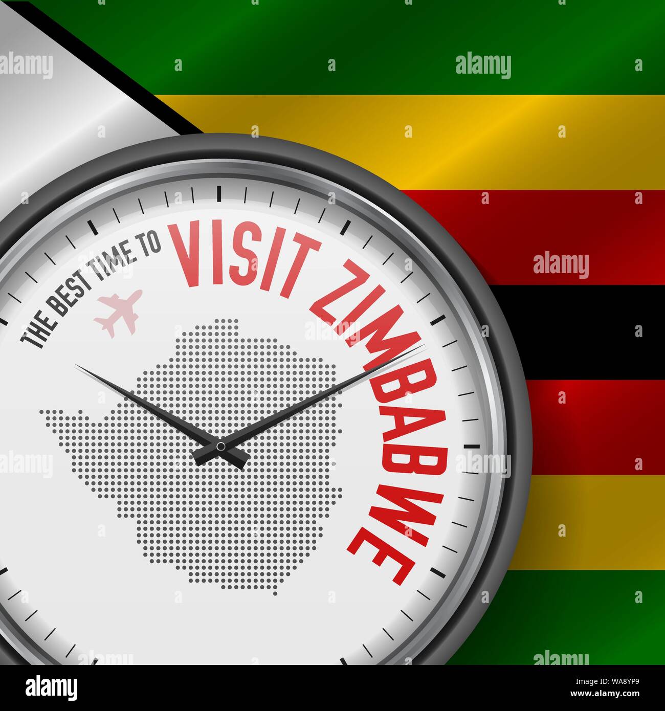 Il periodo migliore per visitare lo Zimbabwe. Viaggio in Zimbabwe. Aria turistica volo. Sventola bandiera di sfondo e punti mappa Pattern sul quadrante. Illustrazione Vettoriale. Illustrazione Vettoriale